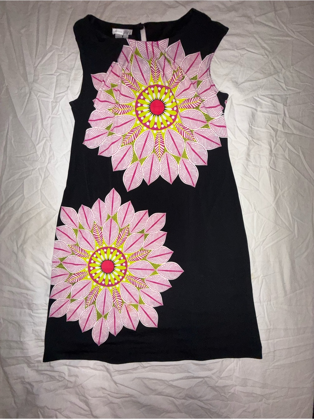 London Times Black Mini Dress with Pink & Yellow Floral Medallions